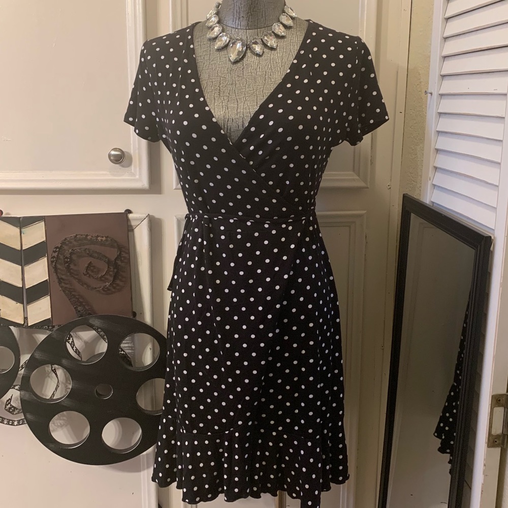 Francesca's Navy Blue Polka Dot Wrap Dress